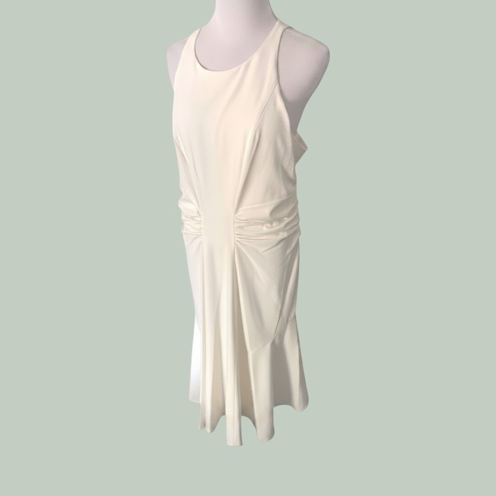 NWT Halston Heritage Chalk White Ruched Sleeveless‎ Midi Cocktail Dress Sz 14